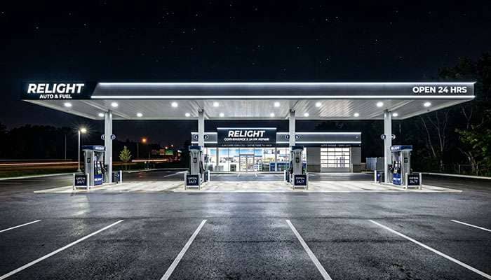 Well-lit gas station parking area at night as safe destination for vehicle safety