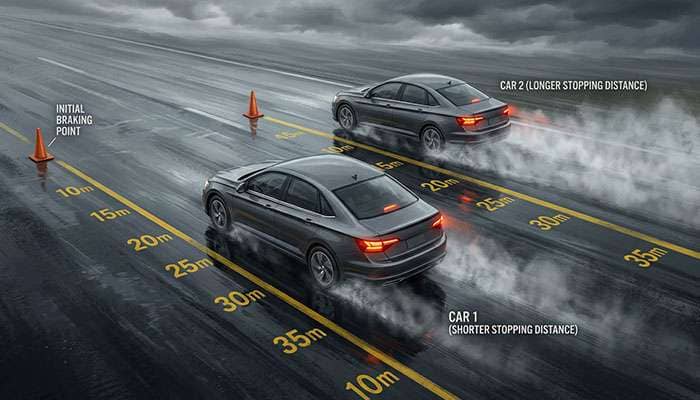 Side-by-side comparison showing wet braking distance differences between tire types