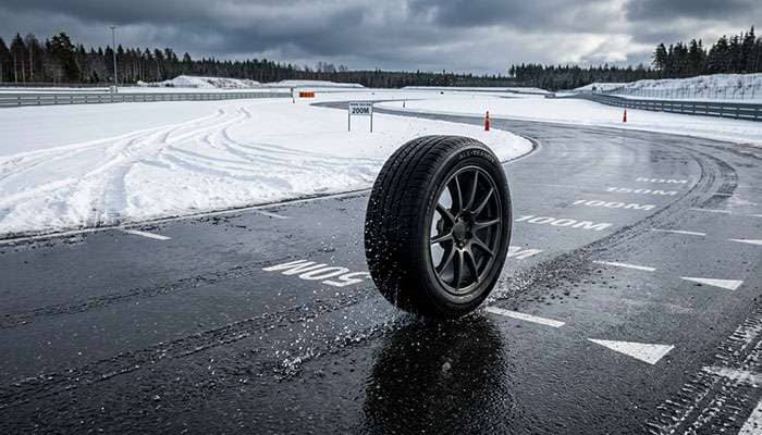 Tire performance test track scene showing wet pavement and snow surface for comparison testing