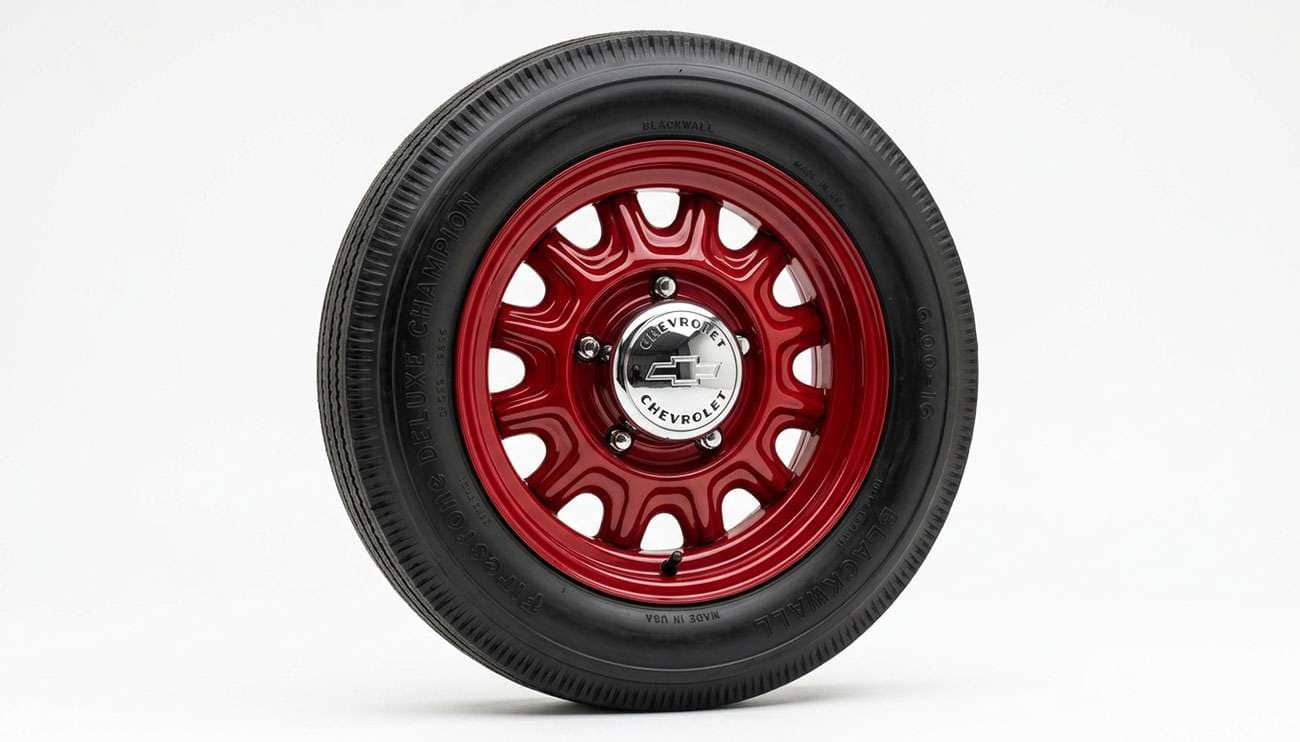 Gloss red artillery wheel with scalloped steel spokes and chrome center cap on a clean white seamless backdrop