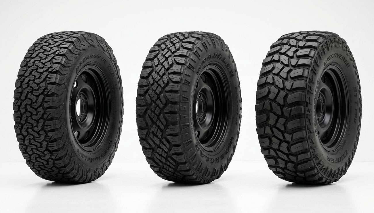All-terrain, mud-terrain, and rugged-terrain off-road tires lined up side by side on a clean studio backdrop