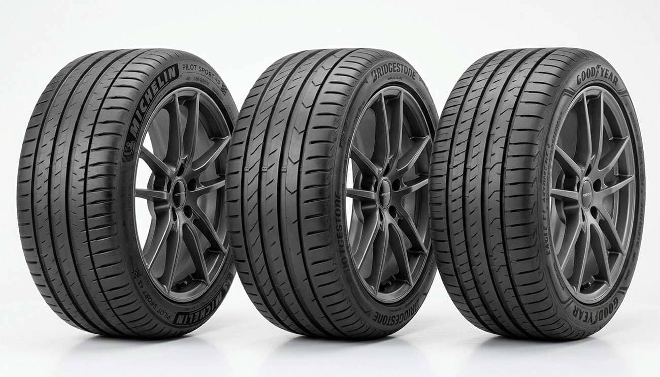 Premium tire brands comparison showing Michelin, Bridgestone, and Goodyear tires displayed side by side