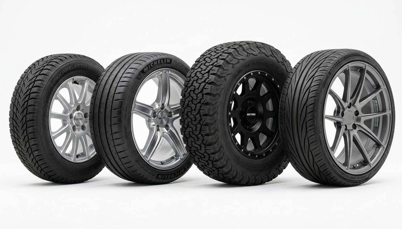 Four mounted and balanced wheel and tire assemblies staged side by side showing different package types