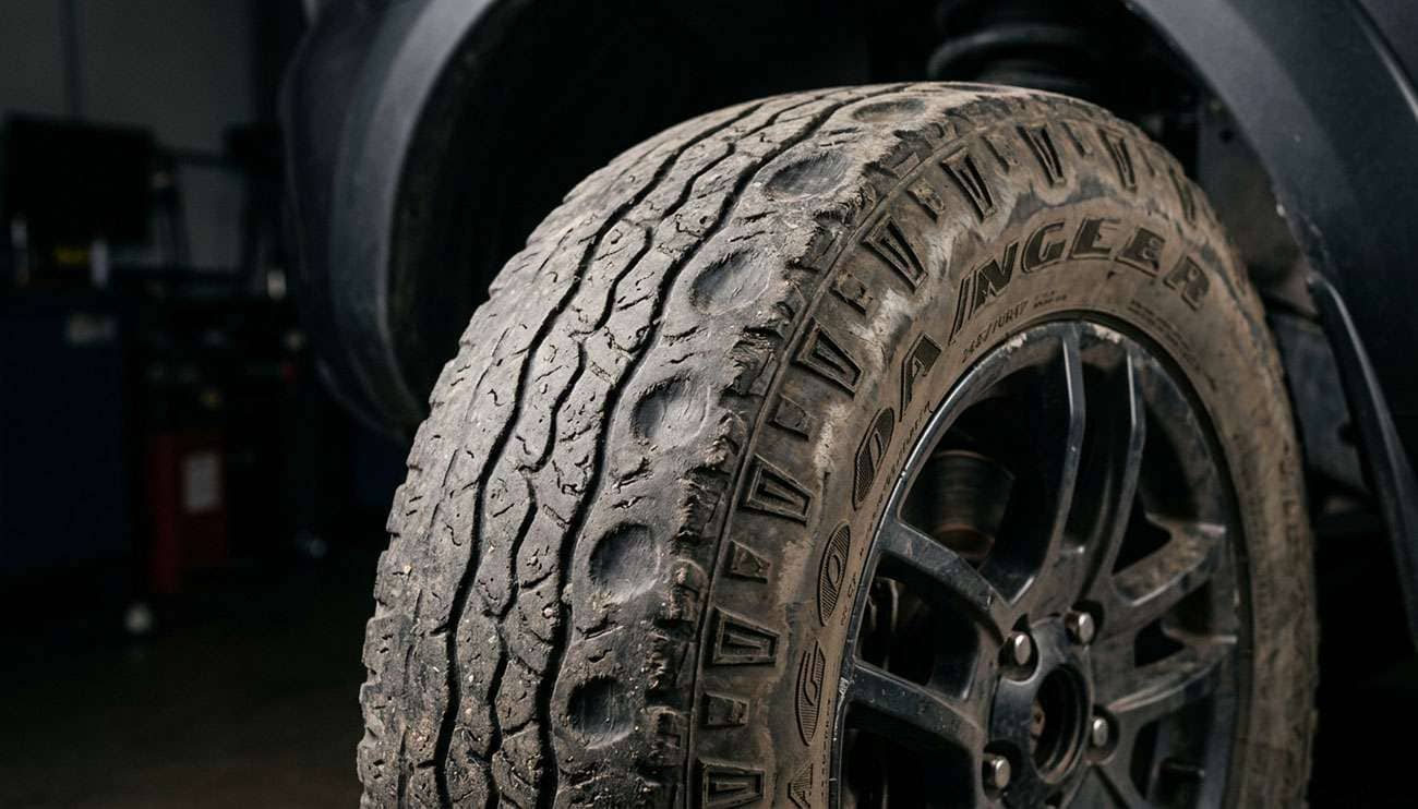 Close-up of a cupped tire showing uneven scalloped wear pattern on tread surface