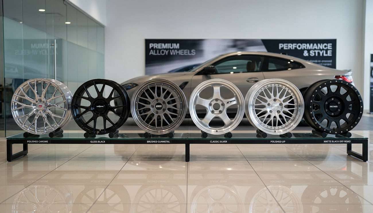 collection of different aftermarket wheel styles including chrome alloys black spokes and polished rims displayed in a showroom