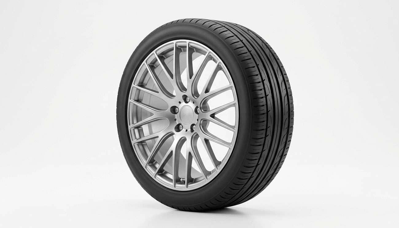 Low-profile 235/40R18 performance tire mounted on an eighteen inch alloy wheel on a clean white seamless backdrop