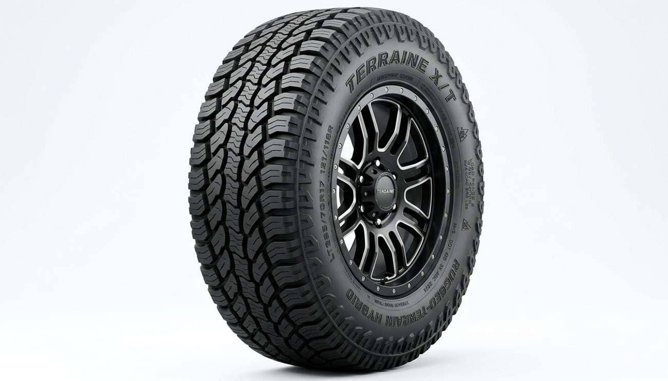 Hybrid rugged-terrain truck tire with aggressive shoulder lugs and a tighter center tread