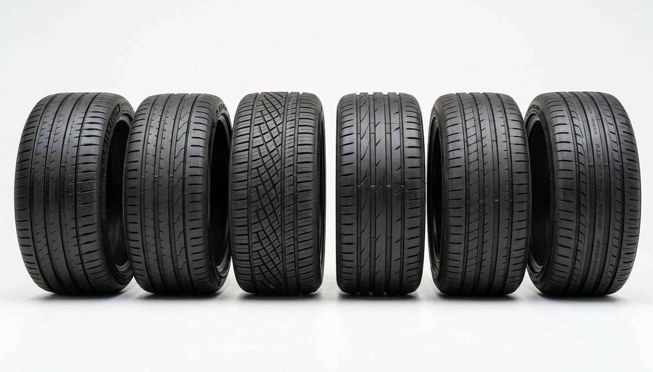 Lineup of premium tires from top brands displayed on a clean white studio backdrop