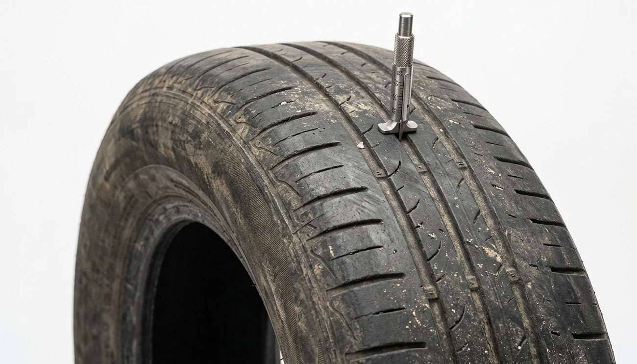 Worn car tire sidewall with tread wear indicator bar and tread depth gauge in the groove