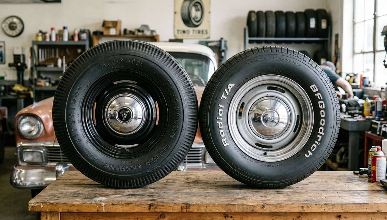 Vintage car tire size comparison showing bias-ply and radial tire measurements for classic automobiles