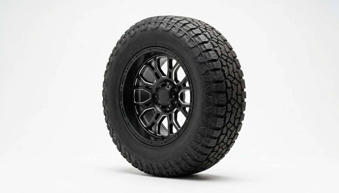 An 18x9 aftermarket truck wheel mounted with an all-terrain tire, shown on a clean white backdrop from a three-quarter angle