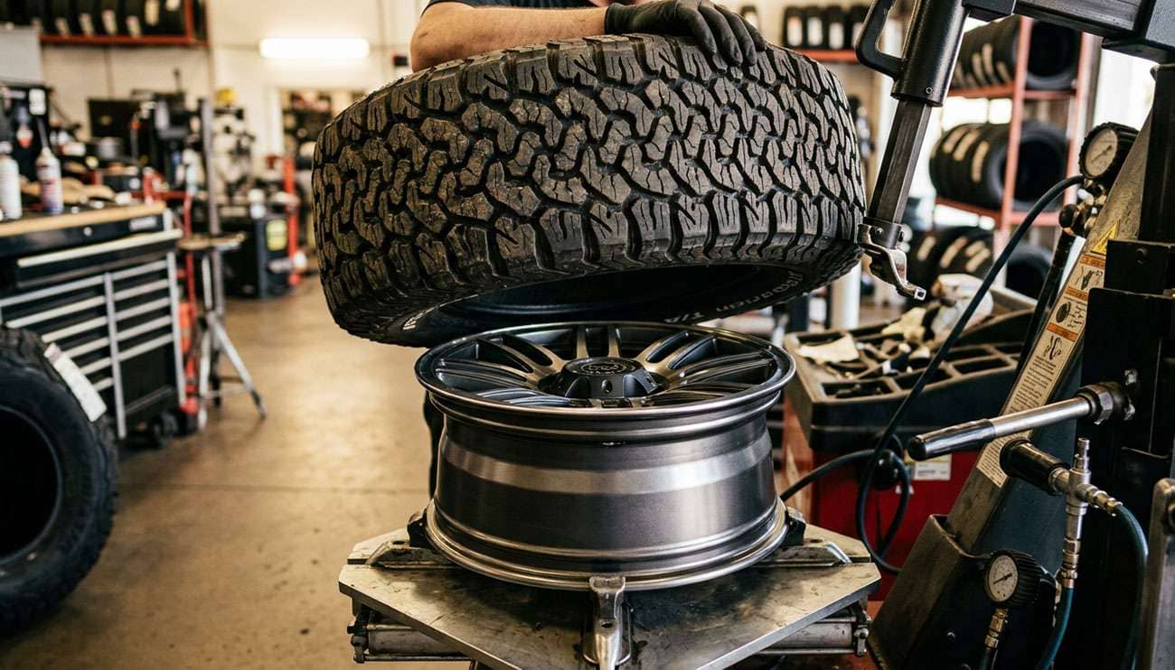 Tire being mounted onto a 20x9 alloy wheel showing the nine inch bead seat width