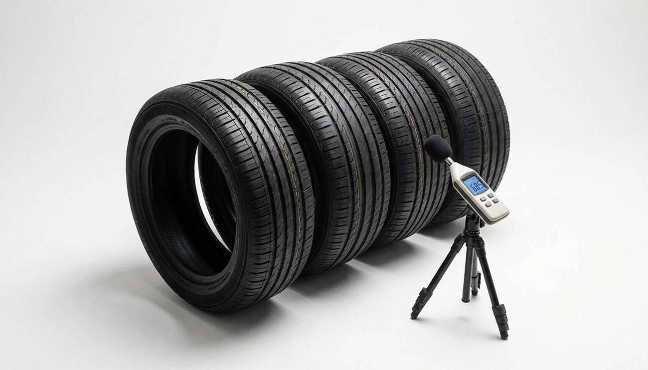 Close-up of multiple car tires lined up on a road at sunset with a sound meter for road noise testing