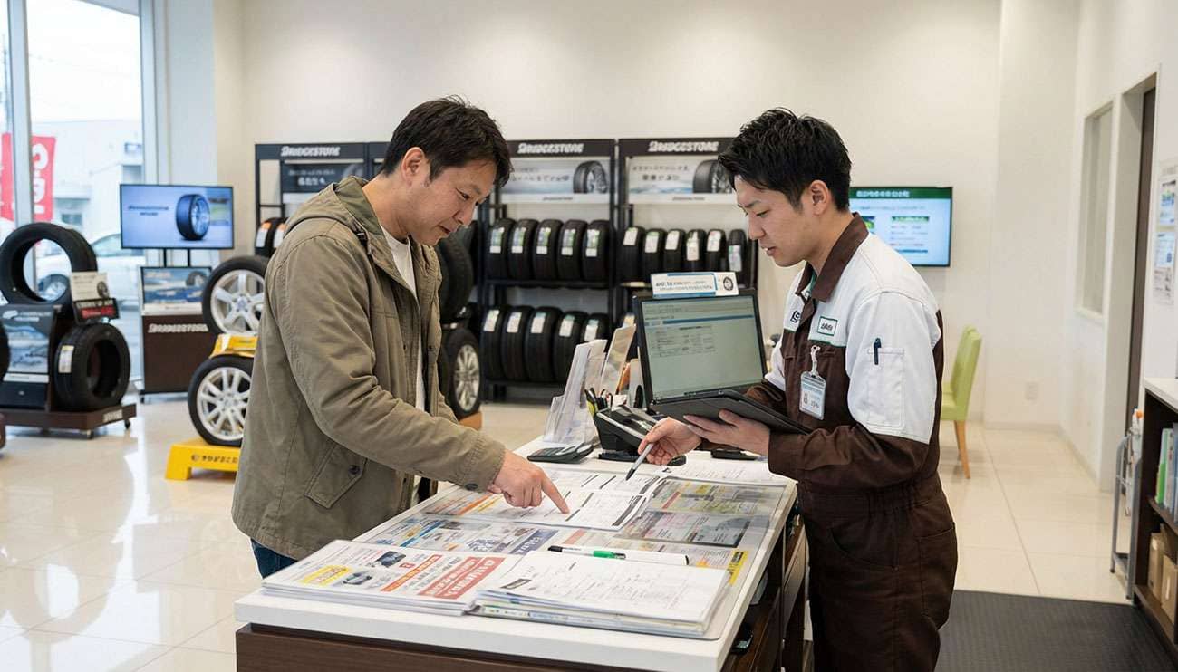 Customer consulting with tire professional at a tire shop counter discussing tire options and recommendations
