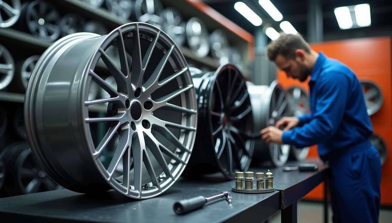Person in blue coveralls inspecting alloy wheels displayed on a workbench in a wheel shop