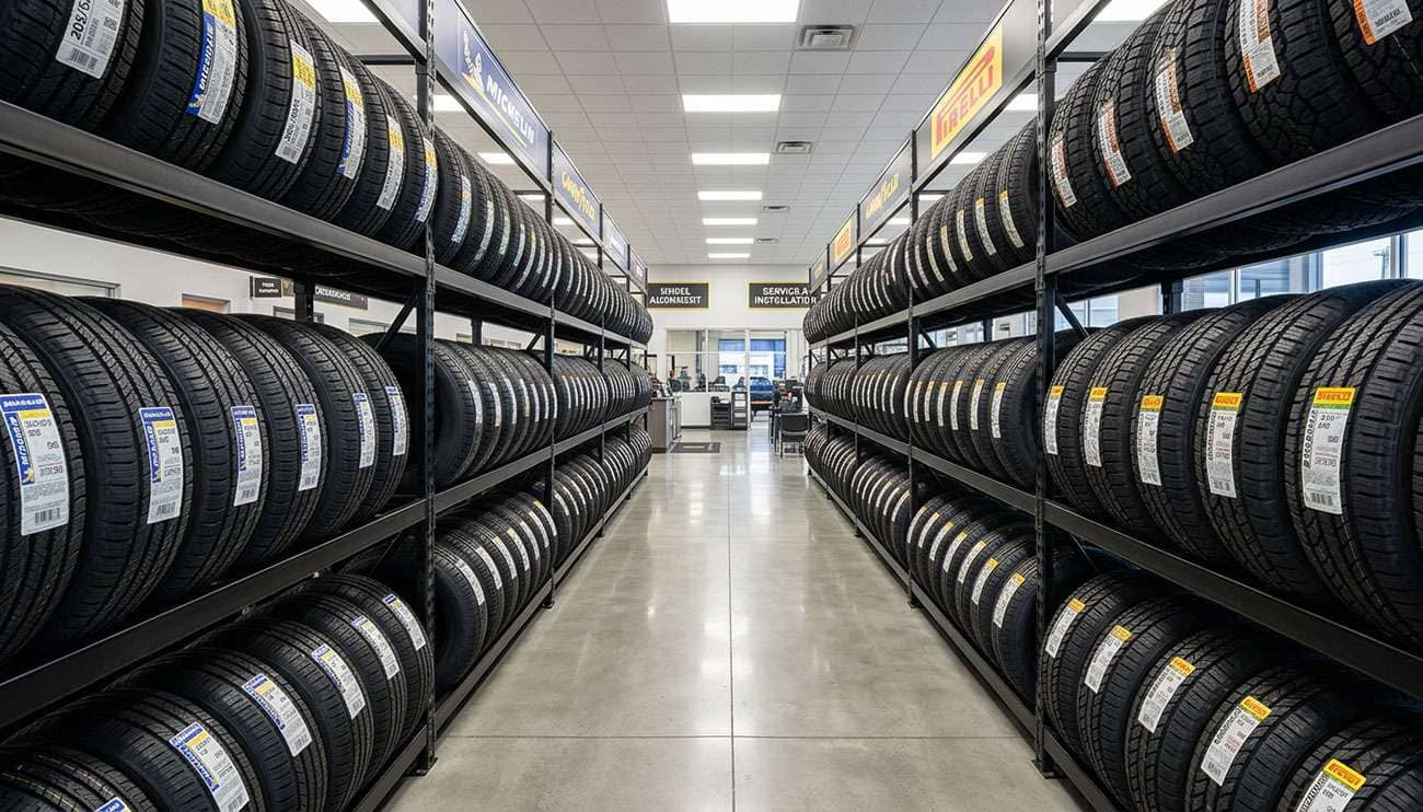 rows of new tires on display in a tire shop showroom showing different sizes and tread patterns for various vehicles