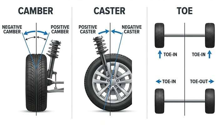 Illustration showing wheel alignment angles: camber, caster, and toe with labeled descriptions and arrows