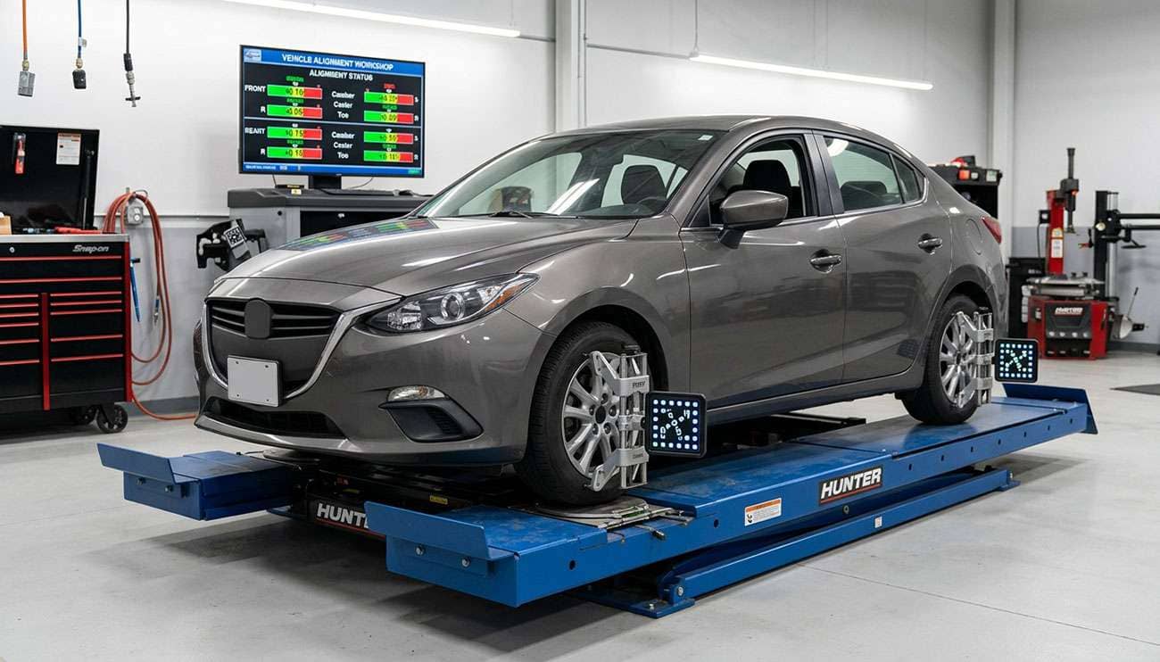 Vehicle on professional alignment rack in modern automotive shop with alignment measurement equipment