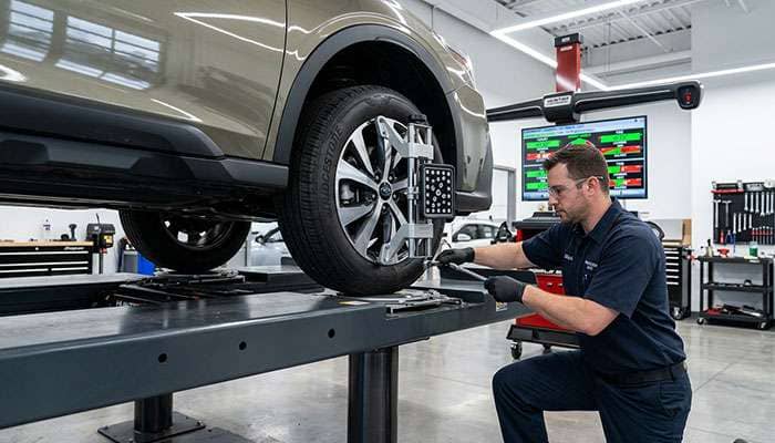 Automotive technician performing a wheel alignment and camber check on a vehicle lift