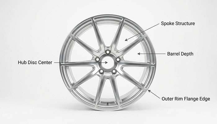 diagram of a car wheel showing the technical anatomy including hub disc spokes barrel and rim edge with labels