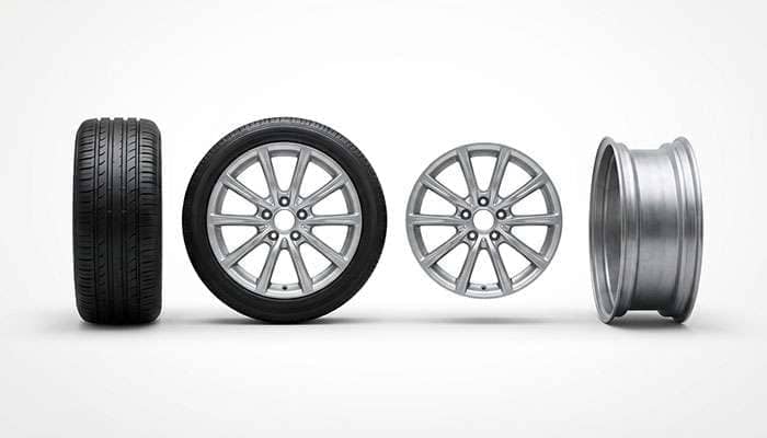 Four stages of car wheel anatomy showing tire, complete wheel, rim with spokes, and bare rim side by side