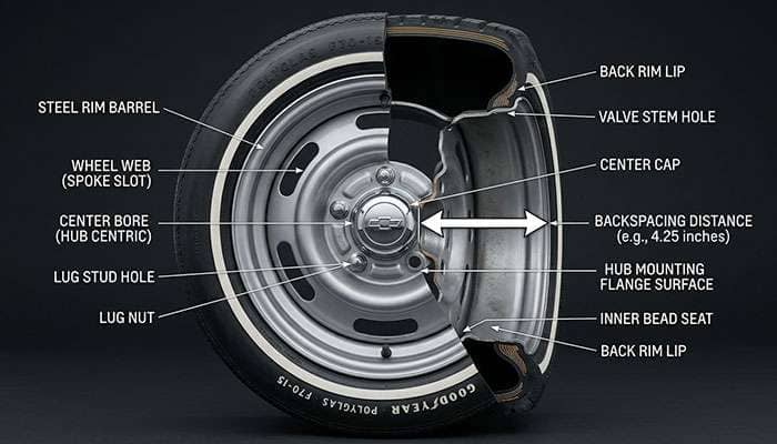 diagram showing how to measure wheel backspacing from mounting flange to back lip of rim