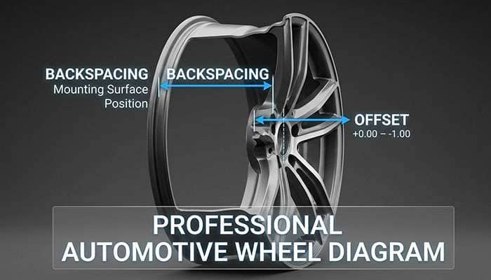 Diagram illustrating wheel backspacing and offset concepts for car wheels with labeled measurements and arrows