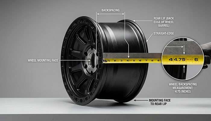 Off-road wheel shown from the side with a tape measure indicating backspacing measurement from the mounting face to the back edge of the wheel barrel