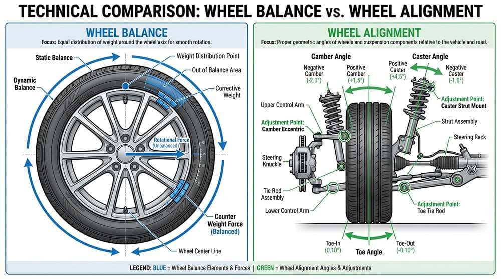 Comparison illustration of wheel balance and wheel alignment showing their different adjustment points on tires and rims