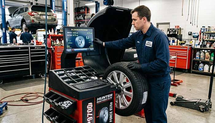 Professional tire technician using computerized wheel balancing machine to balance a tire and wheel assembly