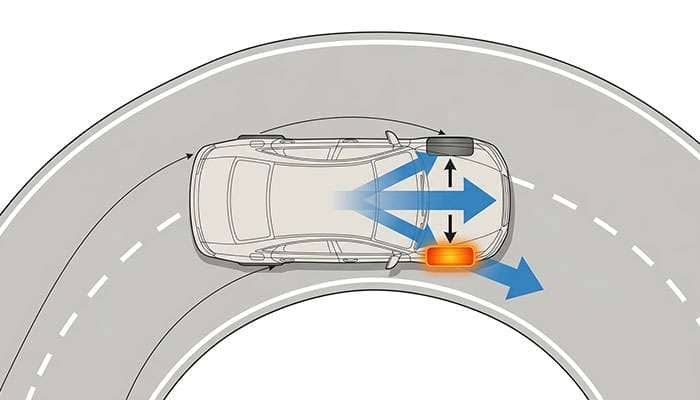 overhead diagram of a car in a left turn showing vehicle weight transferring onto the right side wheels and loading the right wheel bearing