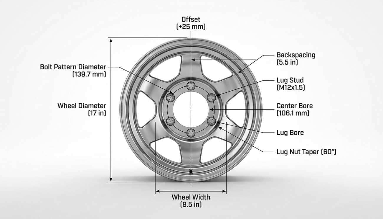 Diagram showing wheel bolt pattern guide with labeled dimensions including offset, backspacing, diameter, width, center bore, bolt pattern, lug nut taper, lug stud, and lug bore