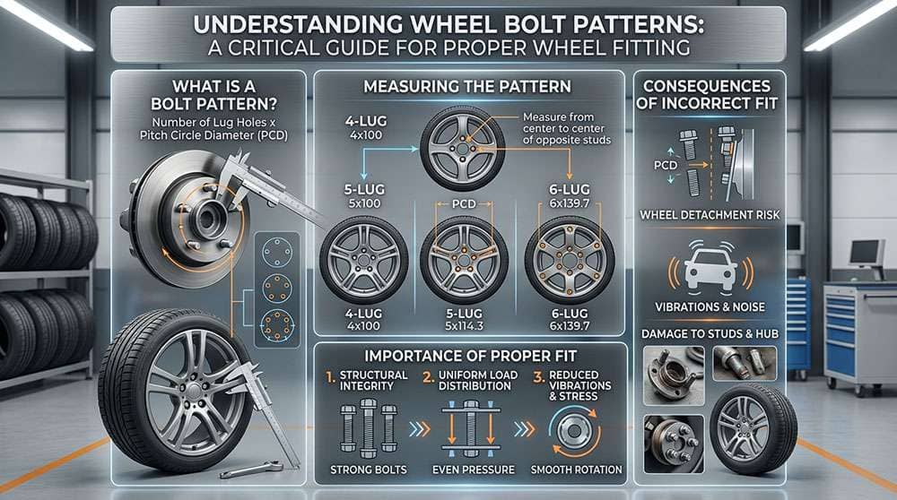 Infographic explaining wheel bolt patterns and their importance for tire fitting by NeoTires.