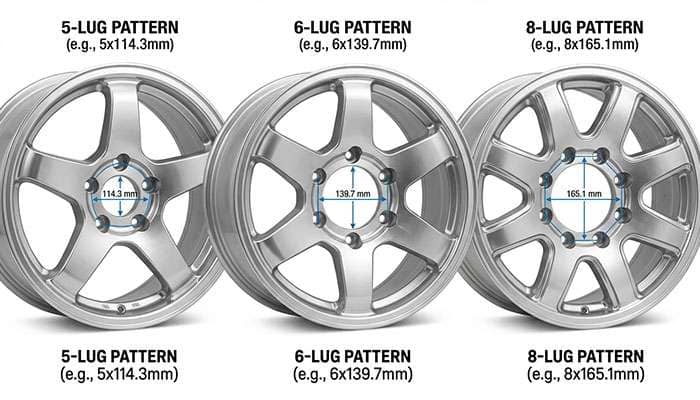 Diagram showing how to measure wheel bolt patterns for five, six, and eight lug wheels by specific stud distances