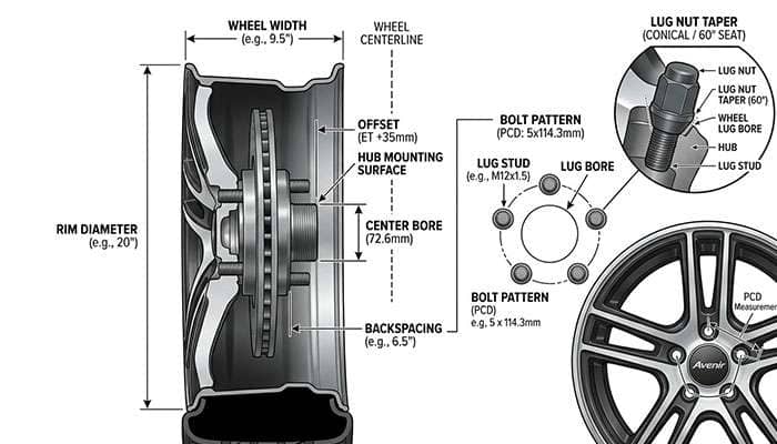 Diagram showing wheel bolt pattern measurements including offset, backspacing, diameter, width, center bore, bolt pattern, lug nut taper, lug stud, and lug bore.