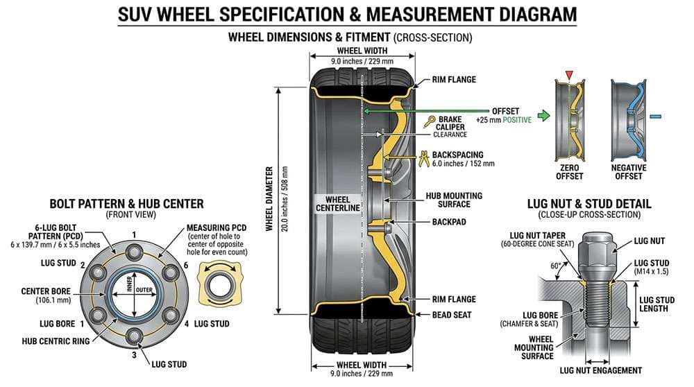 Diagram showing wheel bolt pattern measurements including offset, backspacing, diameter, width, center bore, bolt pattern, lug nut taper, lug stud, and lug bore