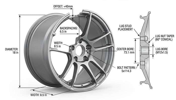 Diagram showing wheel bolt pattern measurements including offset, backspacing, diameter, width, center bore, bolt pattern, lug stud, lug nut taper, and lug bore