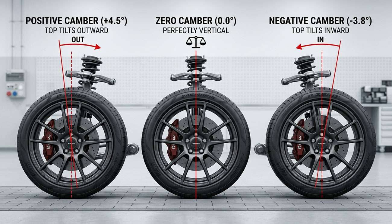 Diagram showing positive, neutral, and negative wheel camber angles on a vehicle