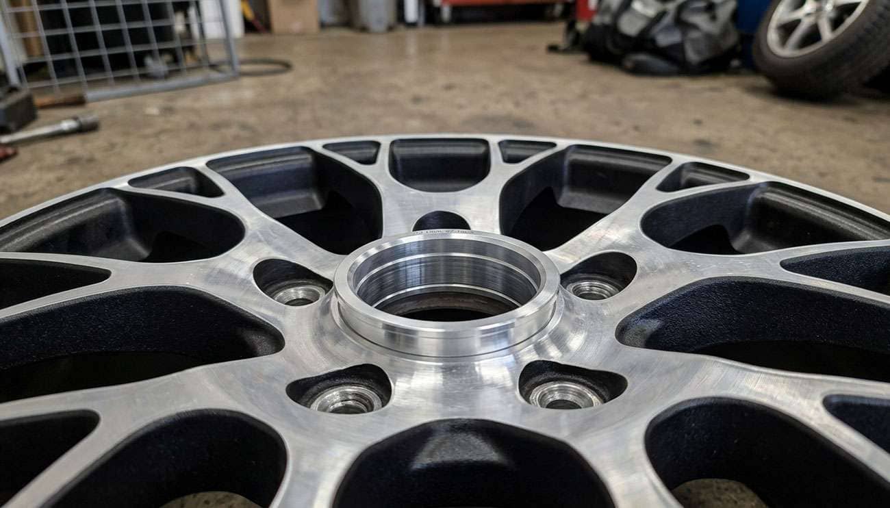 Close-up of wheel center bore and hub centric ring on an aftermarket alloy wheel