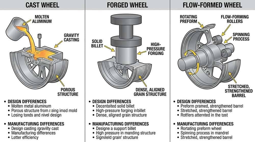 Comparison of cast, forged, and flow-formed wheels showing key design and manufacturing differences