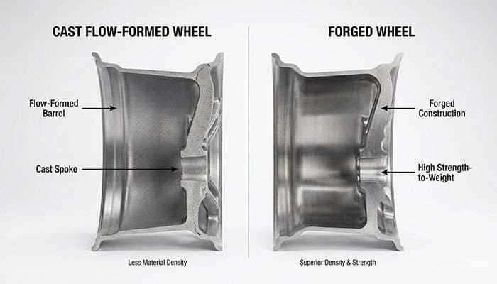 Comparison chart illustrating differences between cast, flow-formed, and fully forged wheels in manufacturing and performance