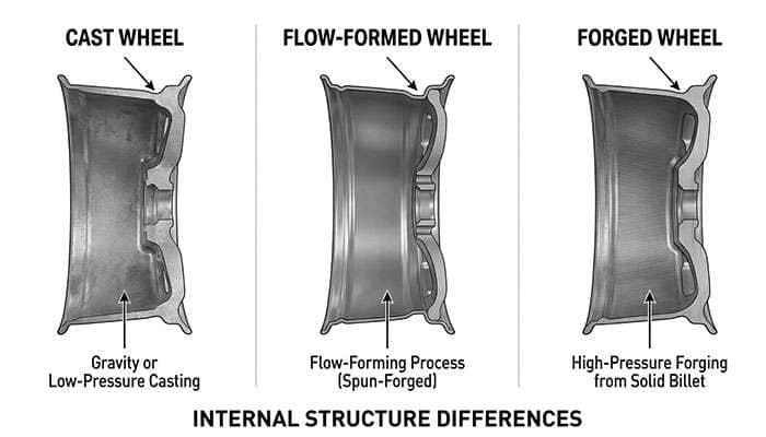 Side-by-side comparison showing cast wheel, flow-formed wheel, and forged wheel construction methods