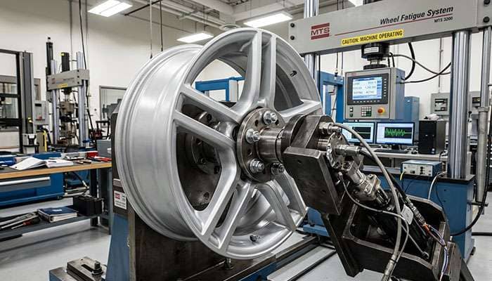 Aluminum wheel mounted in a cornering fatigue test machine in a wheel testing laboratory