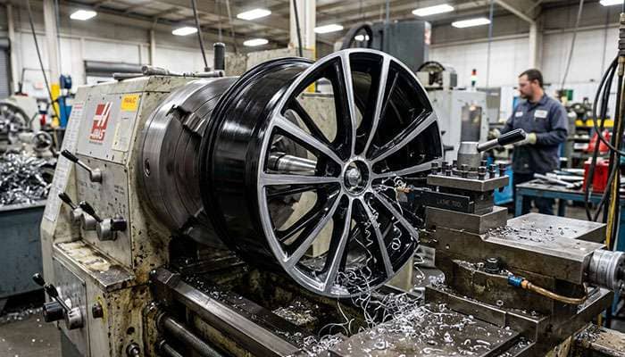 Black painted aluminum wheel on a lathe as a cutting tool machines the spoke face to bright bare metal