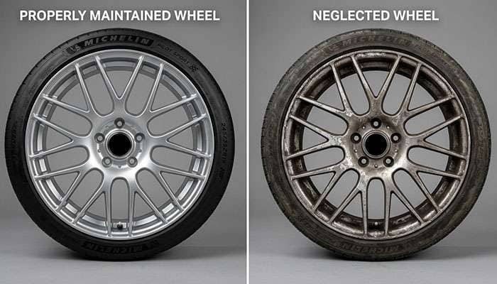 Side-by-side comparison of properly maintained wheel finish versus neglected wheel finish showing damage progression