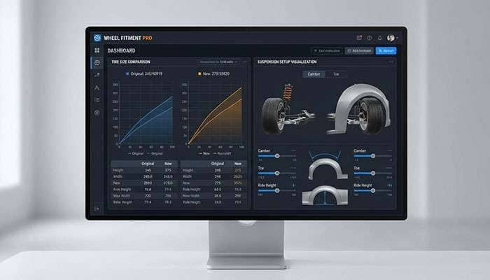 Wheel fitment calculator interface showing tire and suspension setup comparisons for vehicle customization
