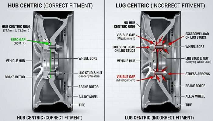Side-by-side comparison of hub centric wheel fit versus lug centric wheel fit on a vehicle hub