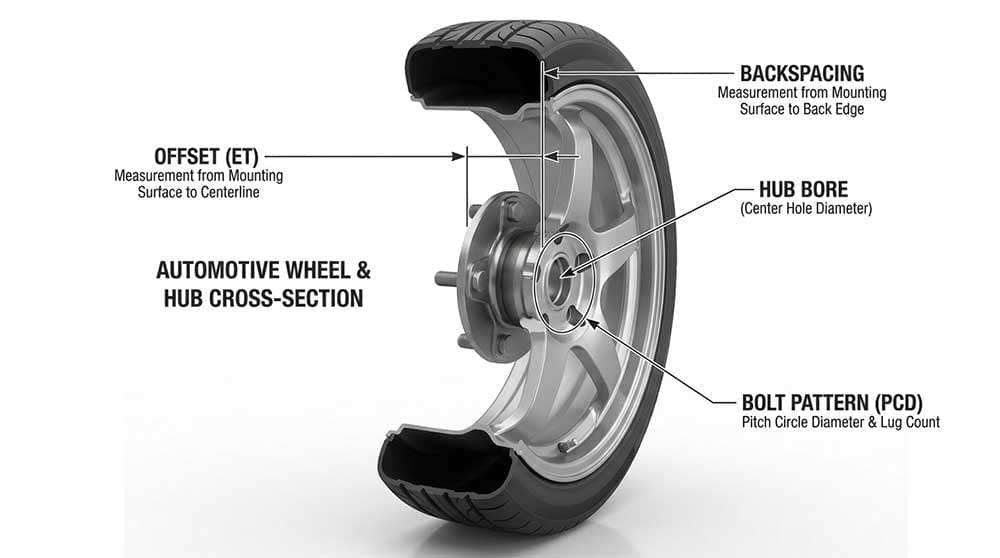 Cross-section diagram showing wheel offset, backspacing, hub bore, and bolt pattern measurements