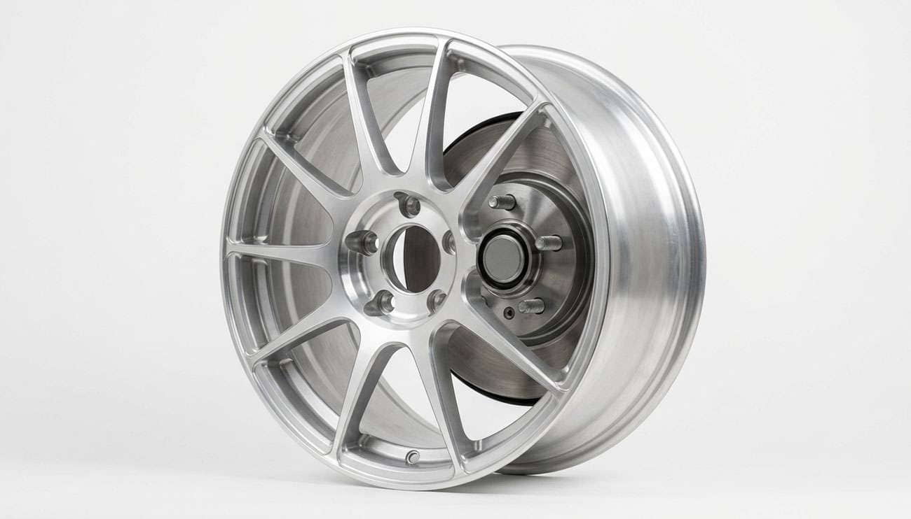Aftermarket wheel mounted on a vehicle hub showing center bore seating and brake caliper clearance