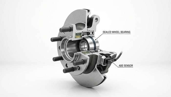 Cross-section view of wheel hub assembly showing bearings, seals, and axle connection